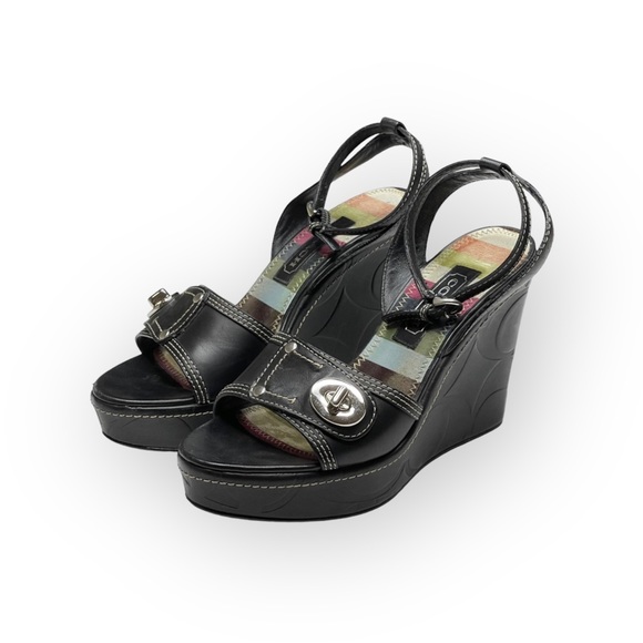 Coach ♕ Kerilyn Logo Embossed Turnlock Platform Wedge Sandals ♕ Black Leather 8M - Picture 7 of 16